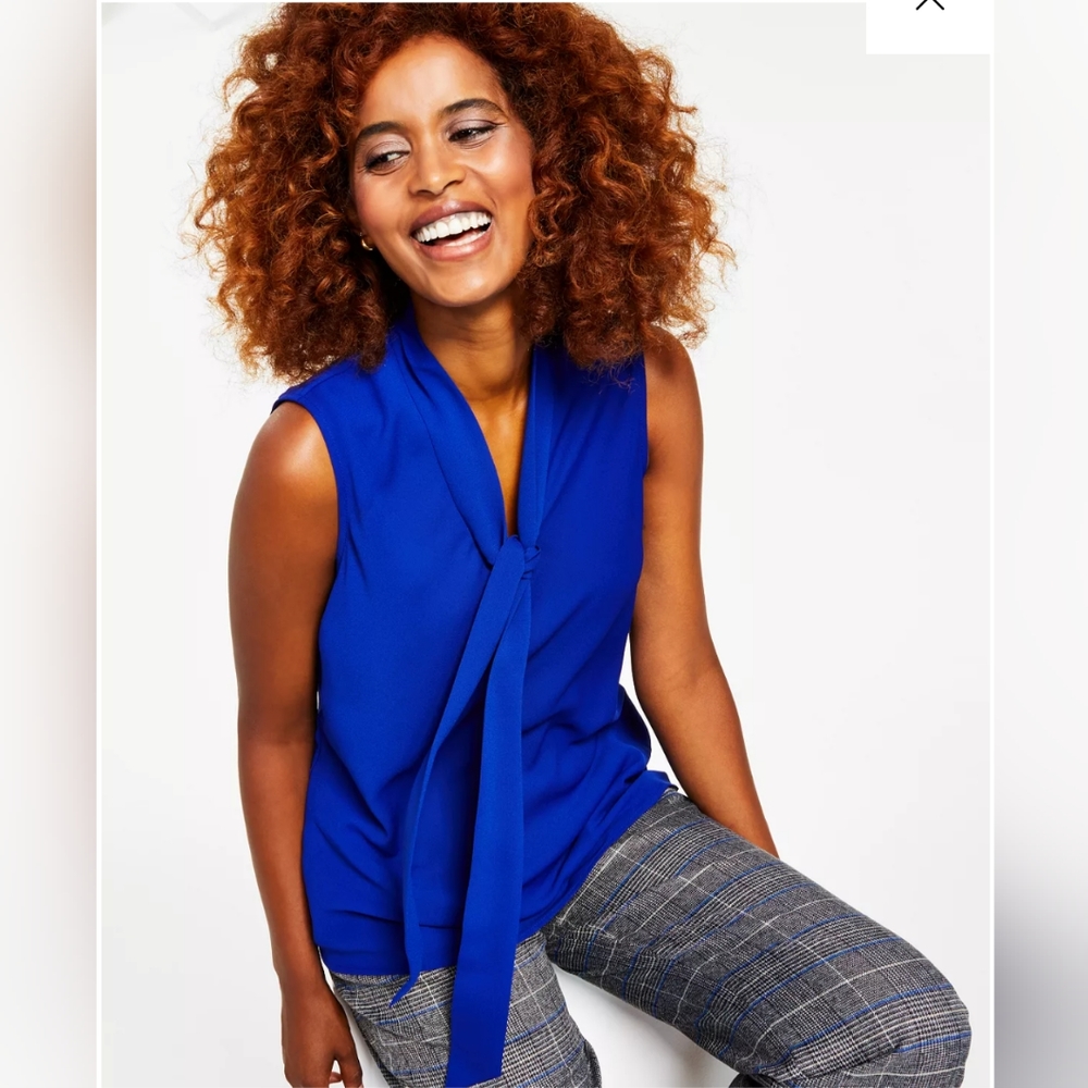 NWT Kasper PS navy Blue tie-neck blouse